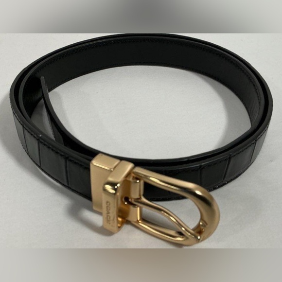 Coach, Large Black Leather Belt w/ Gold Buckle - Picture 1 of 6